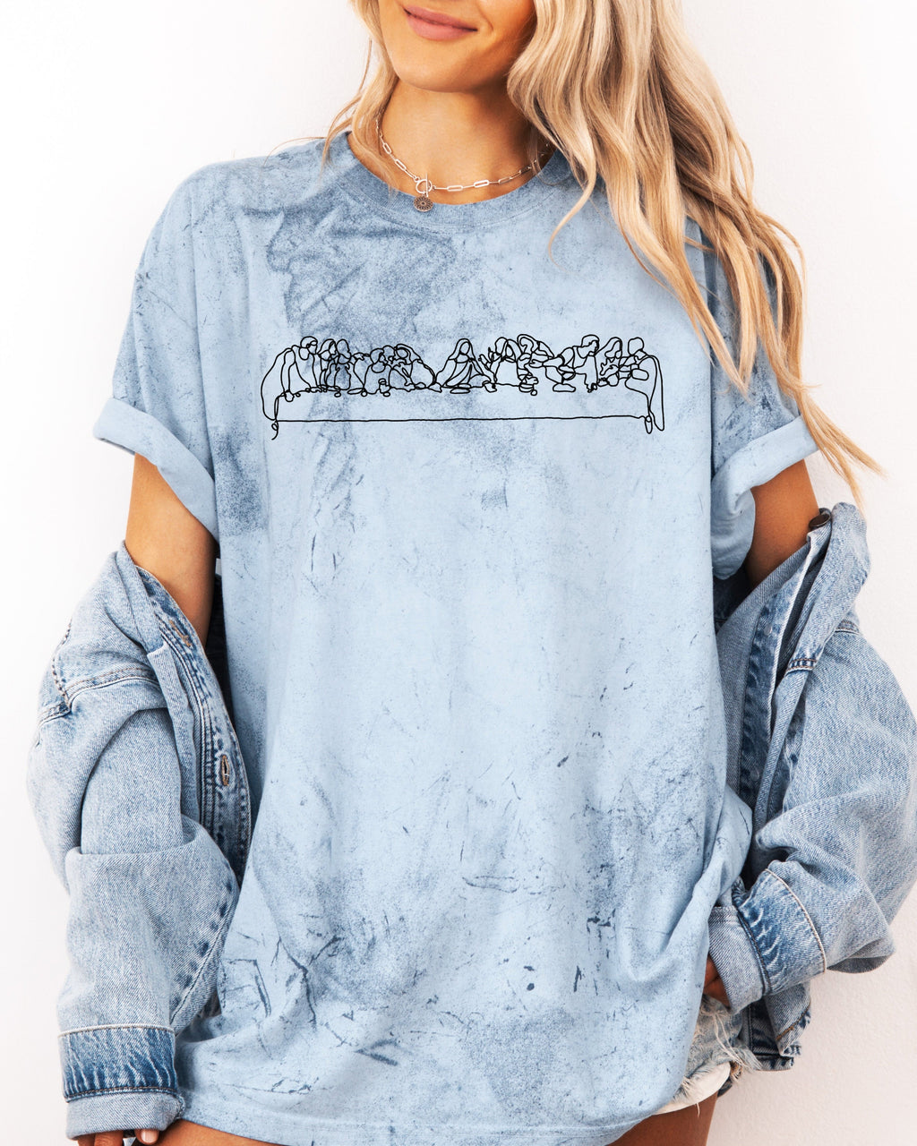 Unisex light blue T-shirt with white line Christian scene graphic across chest