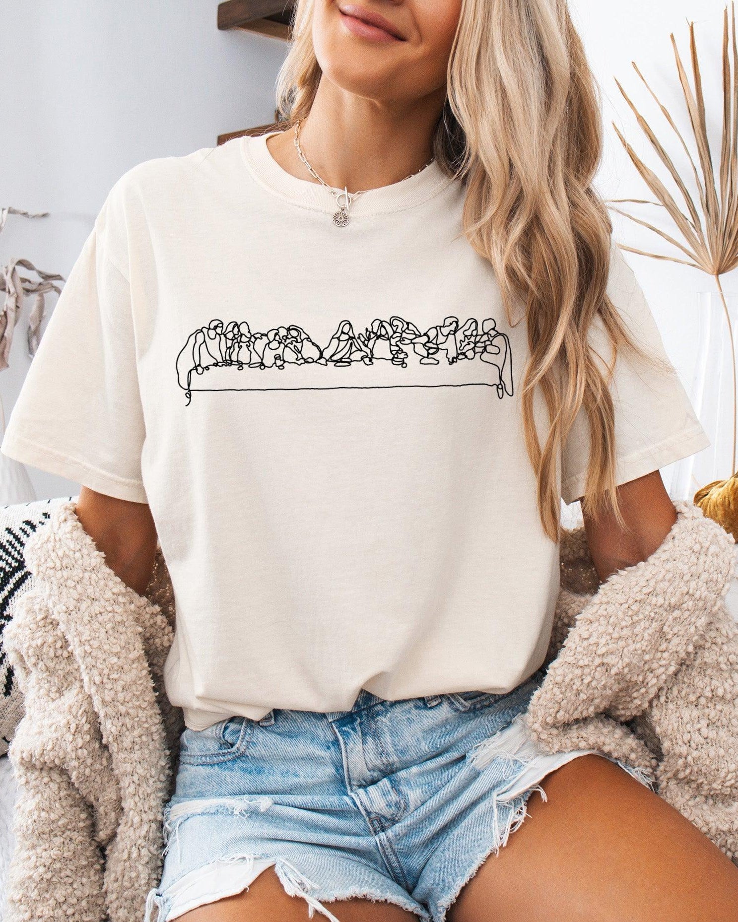 Ivory Christian graphic T-shirt with Last Supper line art