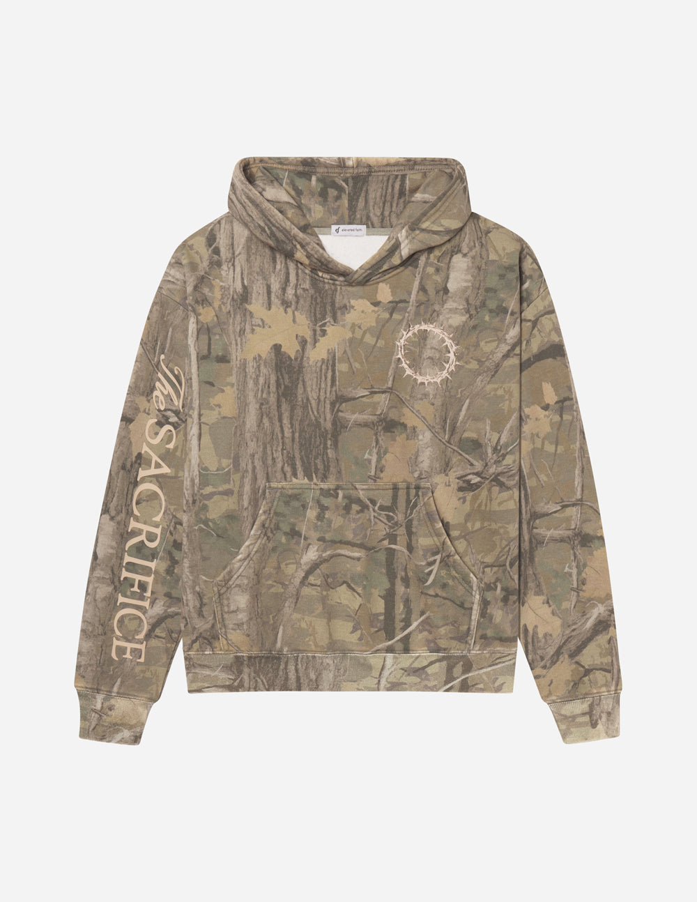 Unisex camo hoodie flat lay with hood and front circular logo print