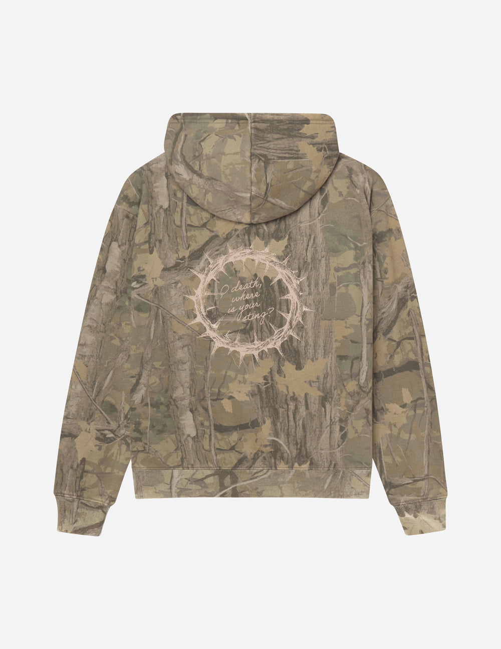 Unisex camo hoodie back view with hood and large circular graphic print