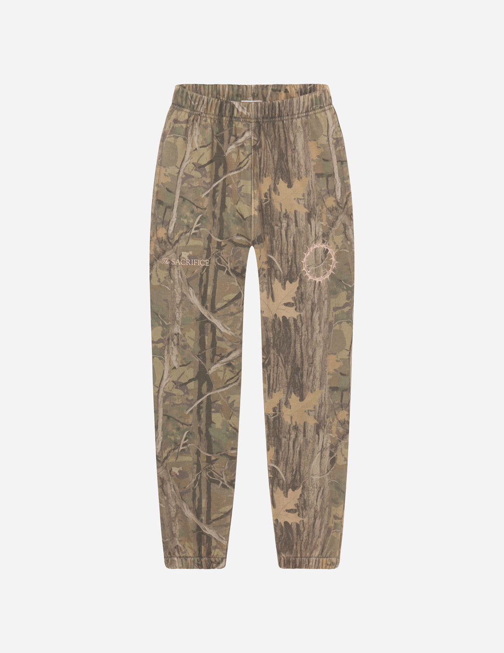 Camo sweatpants with elastic waist and allover camouflage pattern