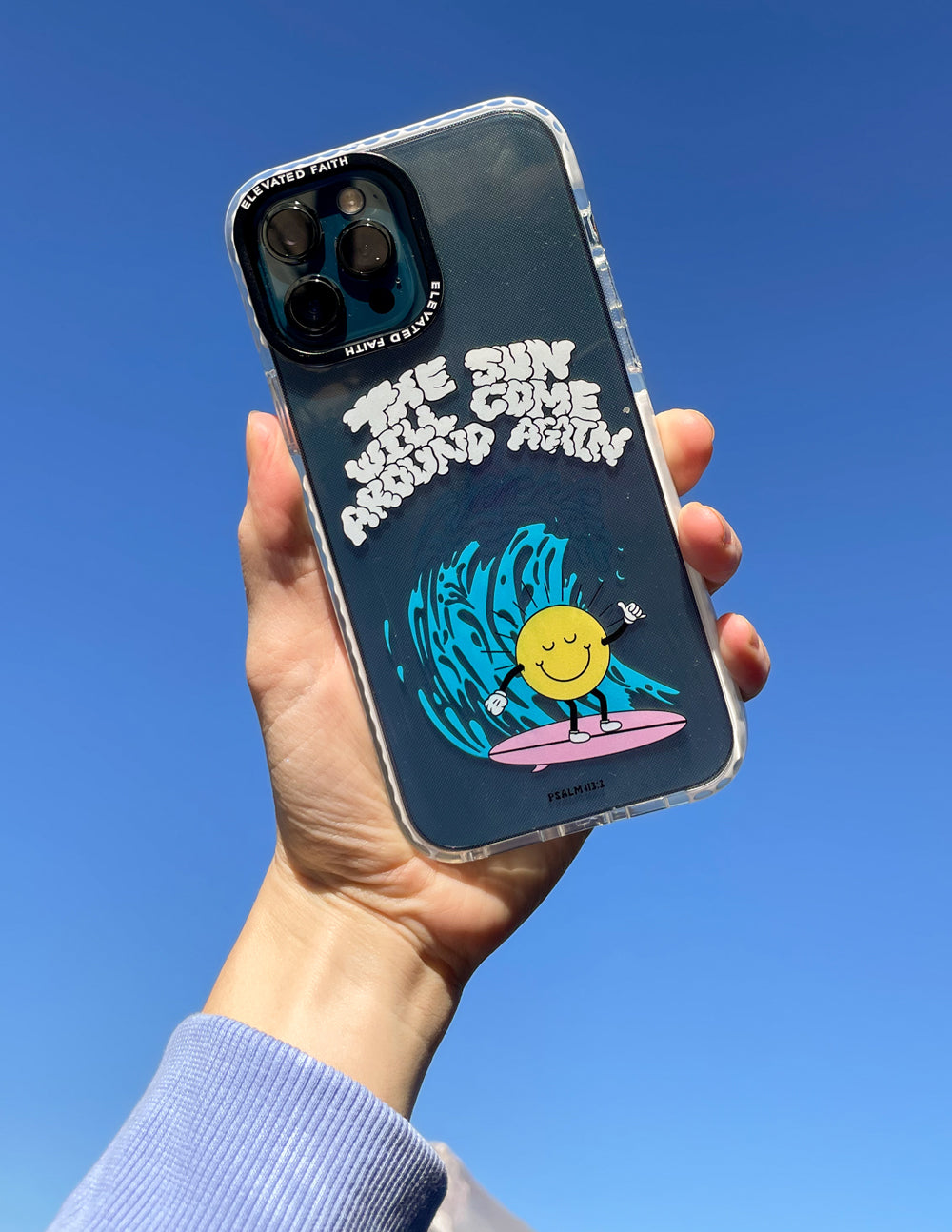 Dark phone case with smiling sun, clouds, and blue wave graphic