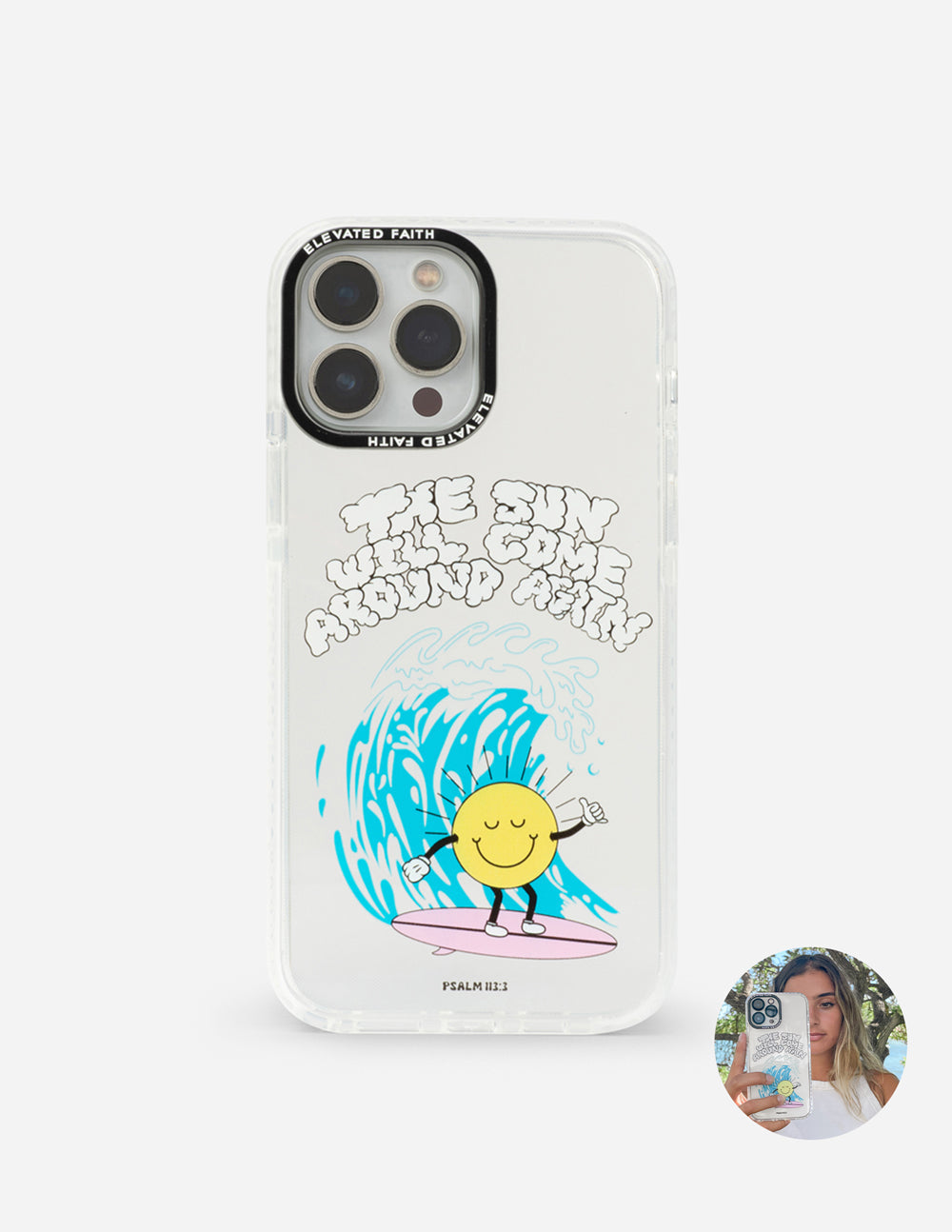 Transparent phone case with smiling sun, clouds, and blue wave illustration