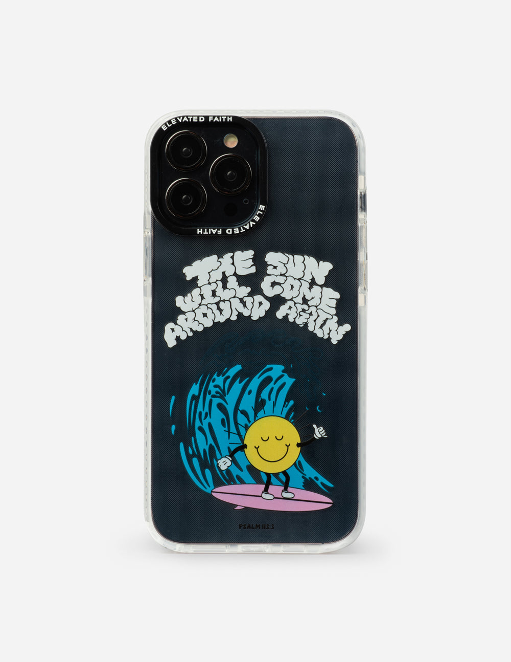 Dark phone case with smiling sun and blue wave illustration