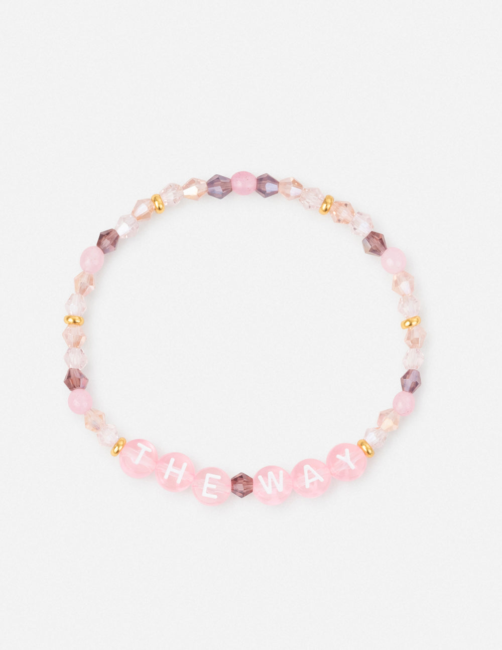 Pink beaded letter bracelet with faceted beads spelling 'THE WAY'