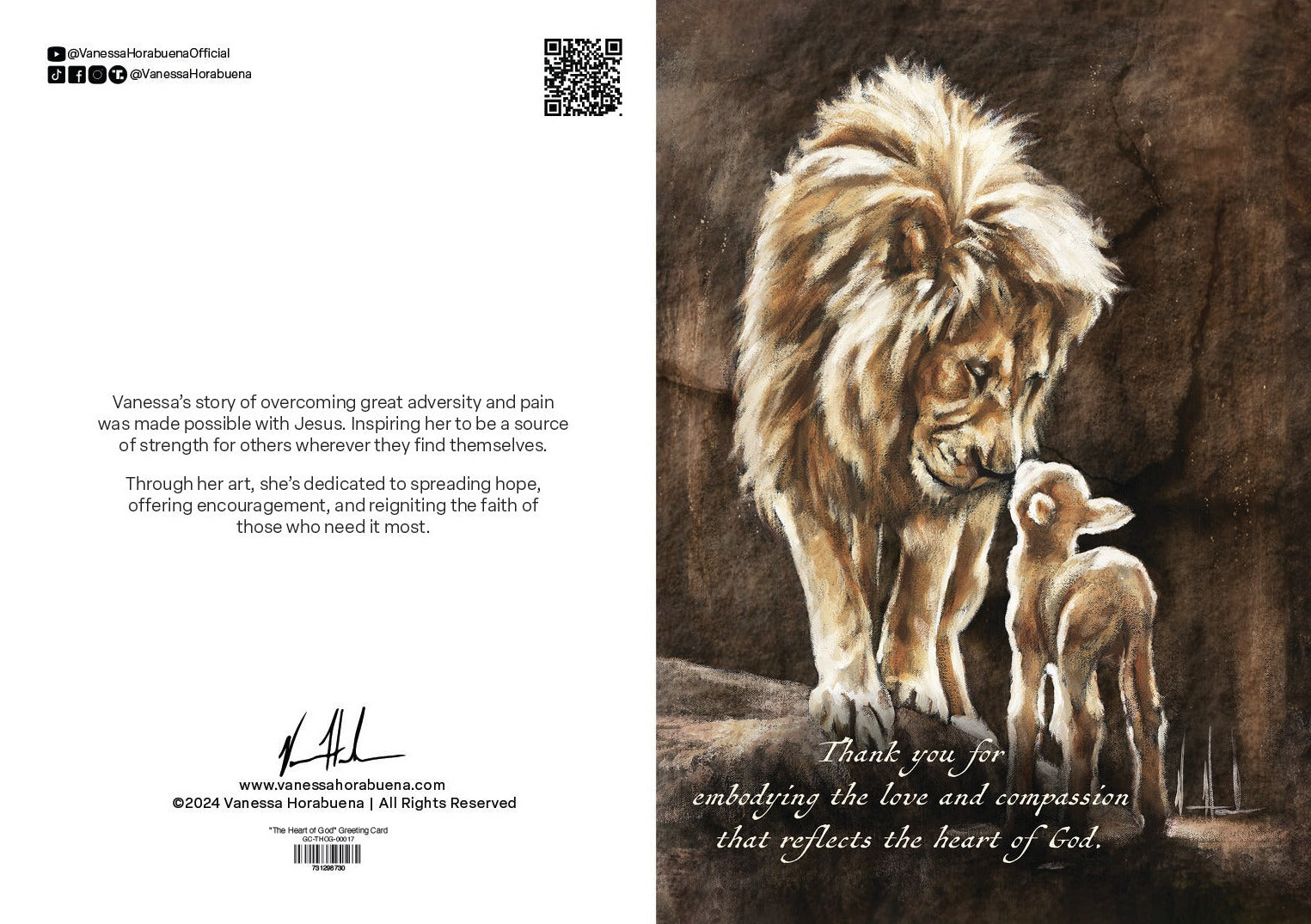 Religious greeting card back with dog-and-lamb illustration and printed message