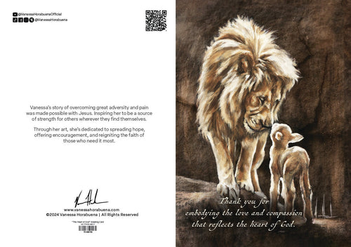 Religious greeting card back with dog-and-lamb illustration and printed message
