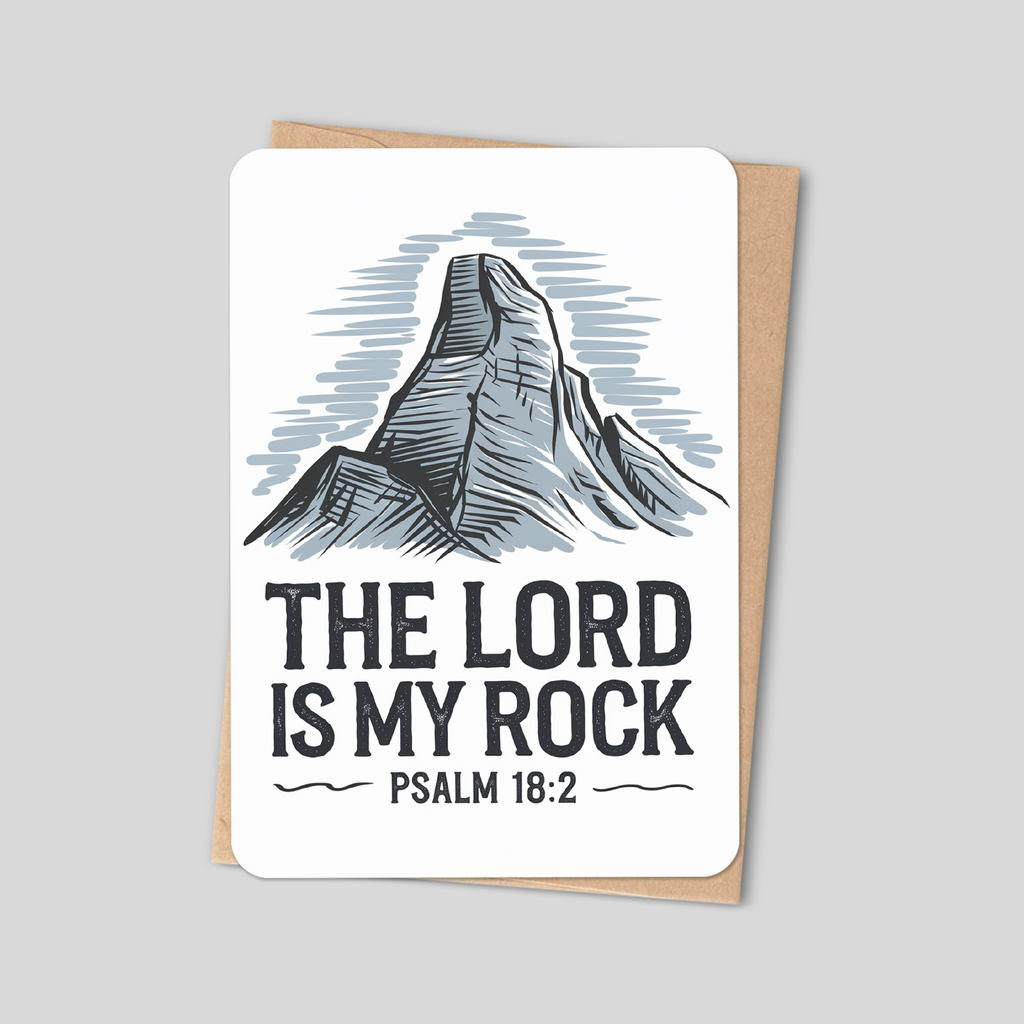 Christian greeting card with mountain illustration and text 'The Lord is My Rock' Psalm 18:2