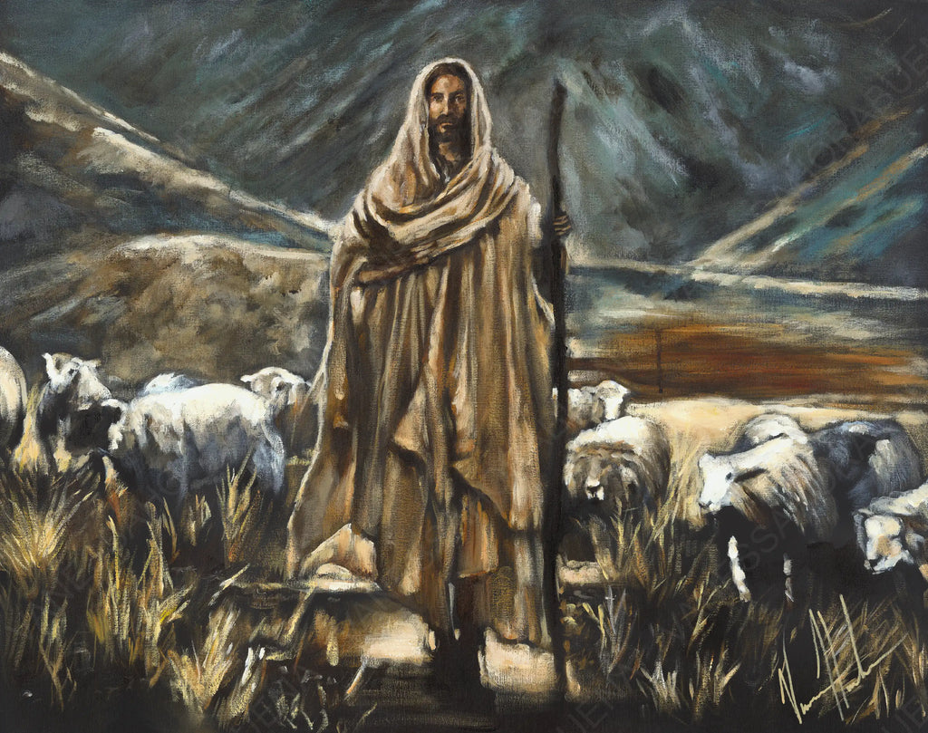 Close-up wall art print of robed shepherd with sheep at the field edge