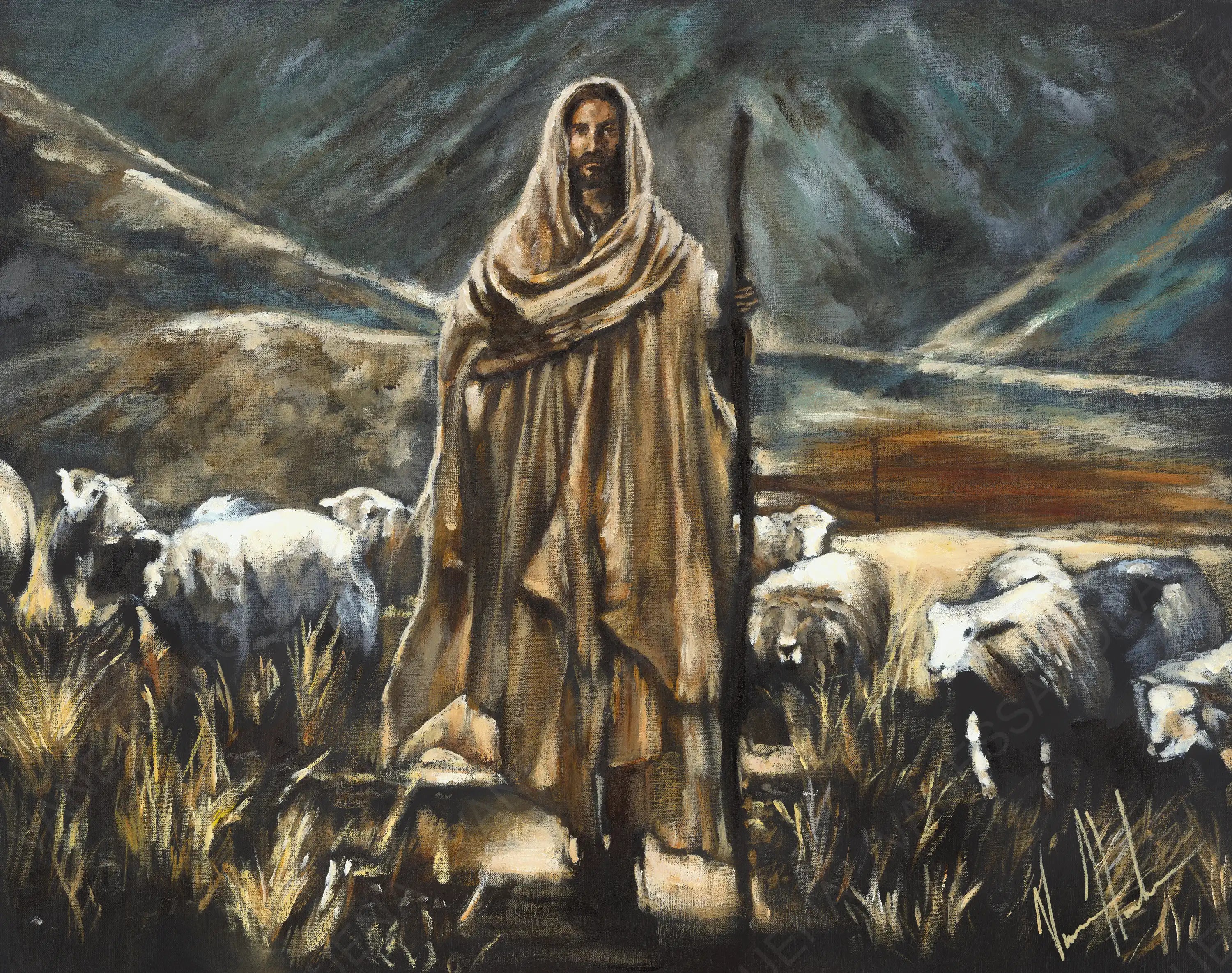 Close-up wall art print of robed shepherd with sheep at the field edge