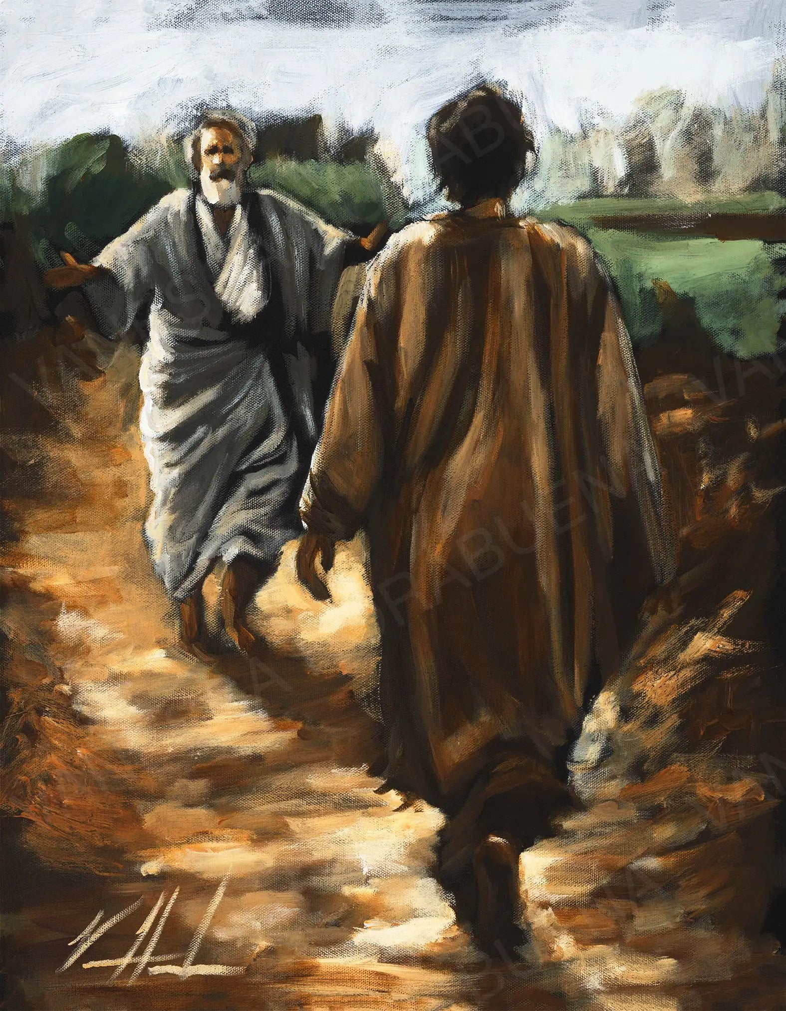 Close-up painting print of two men walking on a dirt path toward a green field