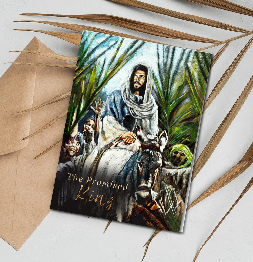 Easter greeting card with illustrated Jesus in blue robe, greenery background, Promised King title