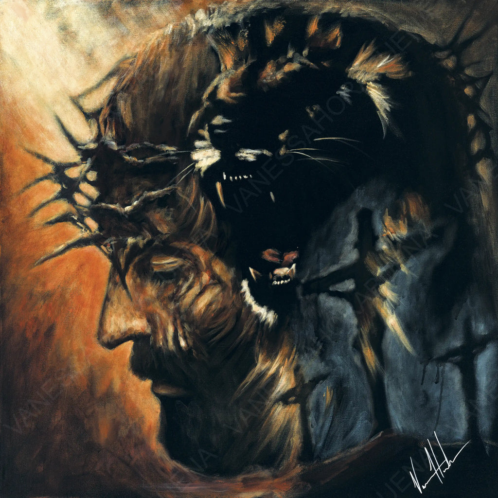 Close-up lion portrait art print with black mane and glowing orange highlights