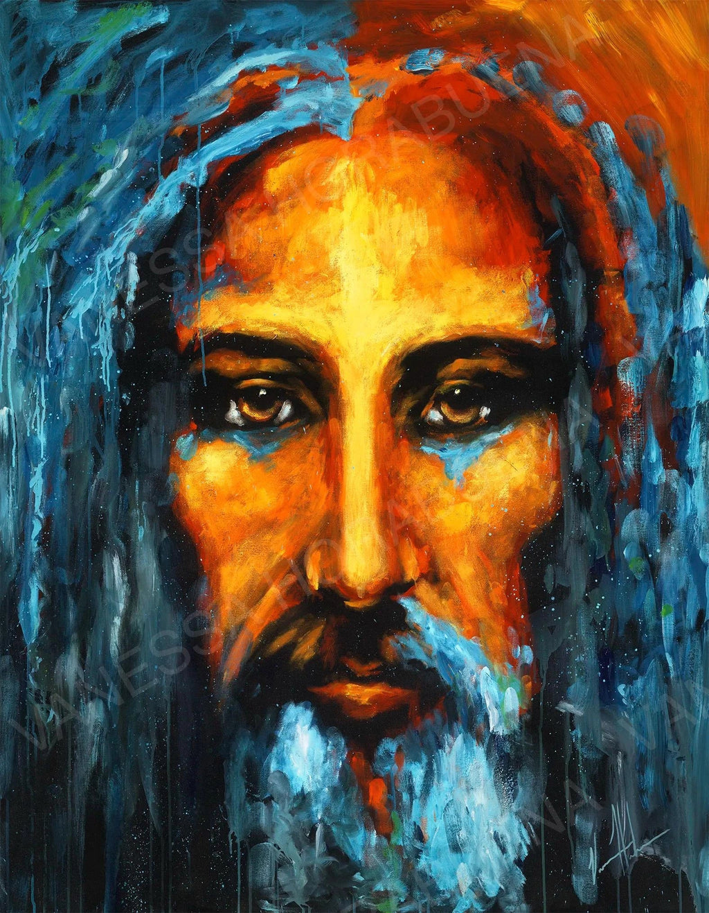 Portrait print close-up of a bearded man’s face in blue and orange