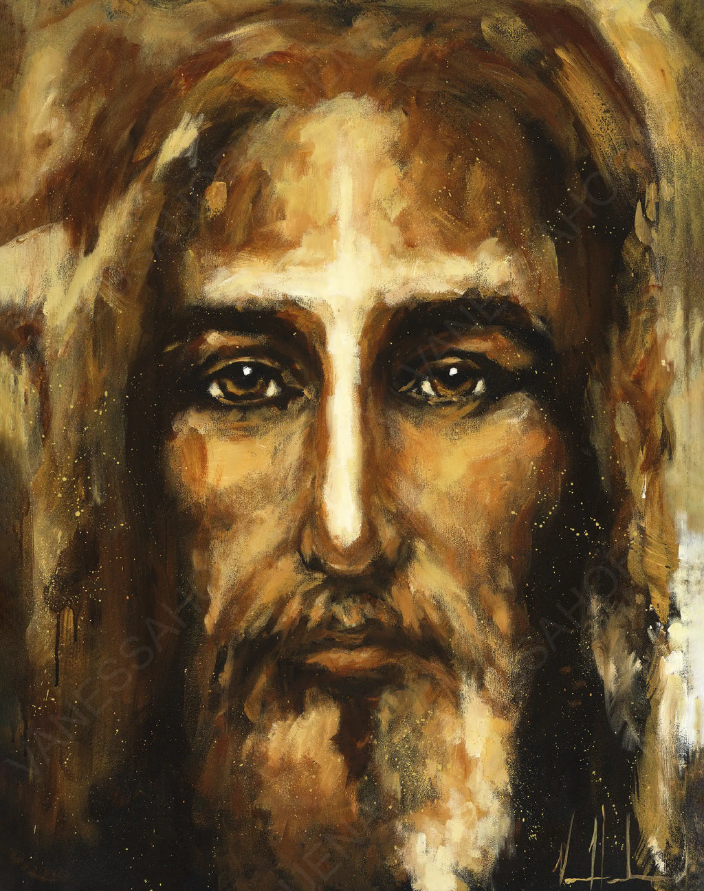Close-up portrait artwork of a bearded man's face with glowing cross-like light on his forehead