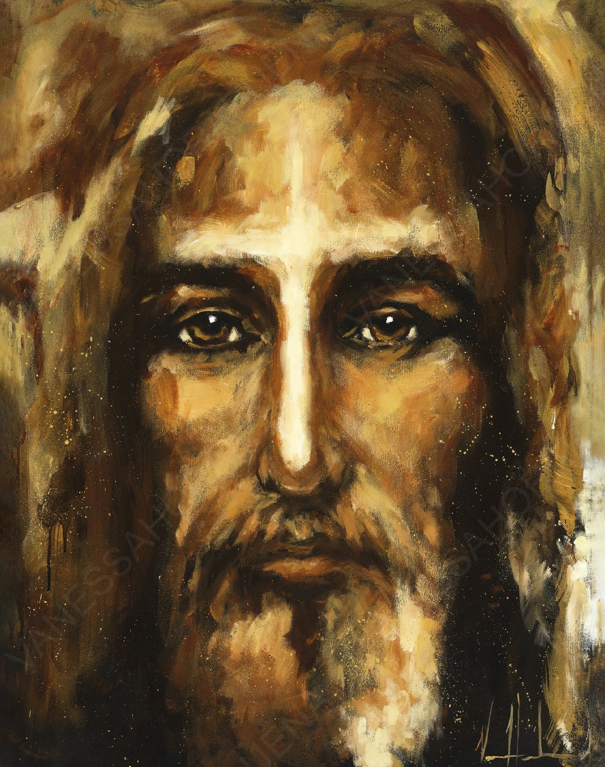 Close-up portrait artwork of a bearded man's face with glowing cross-like light on his forehead