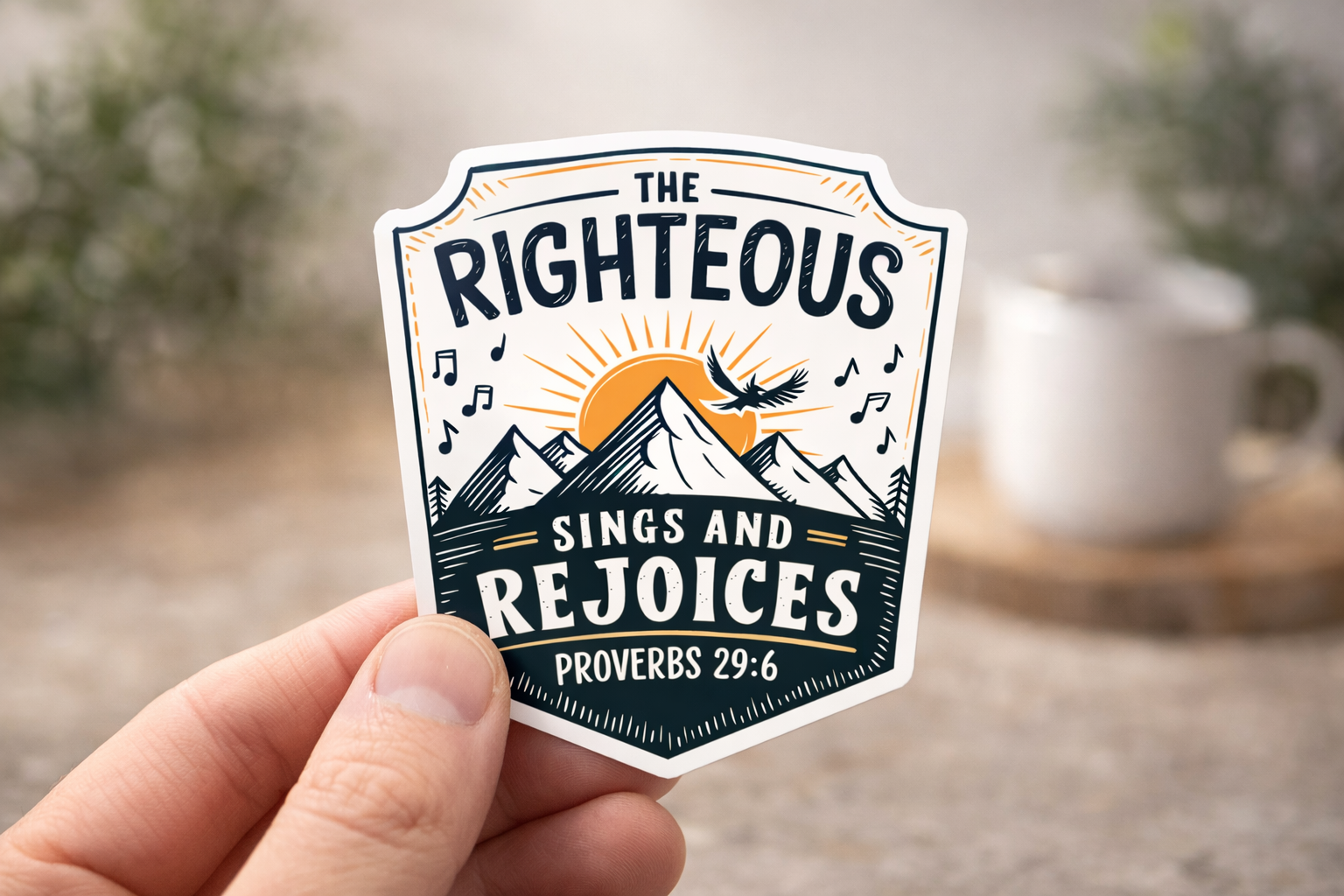 Shield sticker with “The Righteous Sings and Rejoices,” Proverbs 29:6, mountains and birds