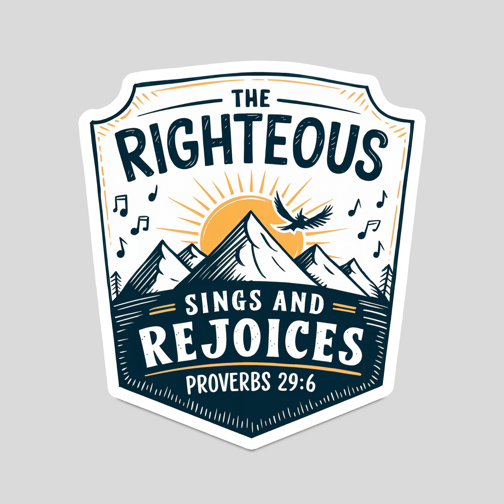 Shield-shaped sticker: “The Righteous Sings and Rejoices,” Proverbs 29:6, mountains and notes