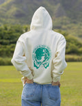 Light cream unisex hoodie with green back graphic and kangaroo pocket