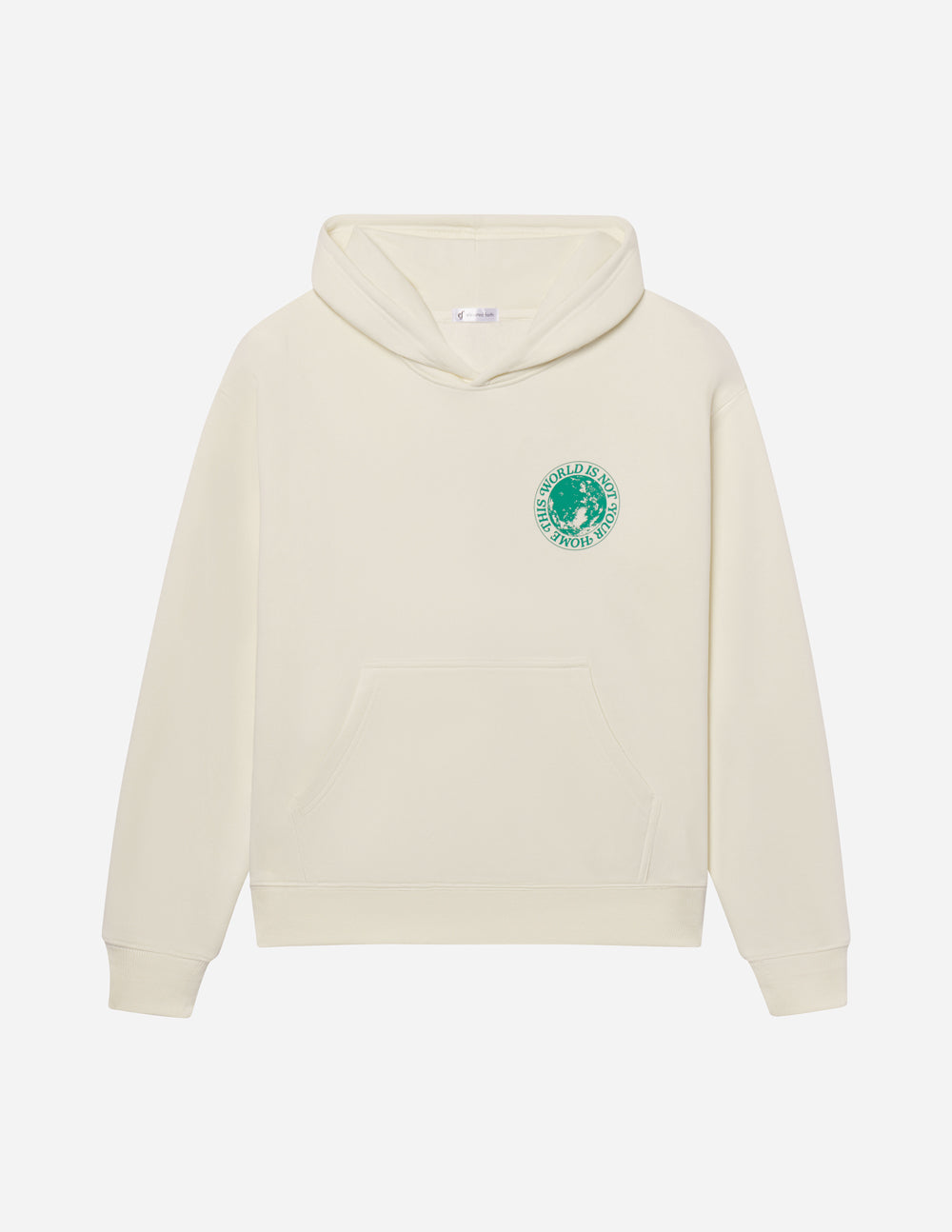 Cream unisex hoodie with hood and small green chest logo