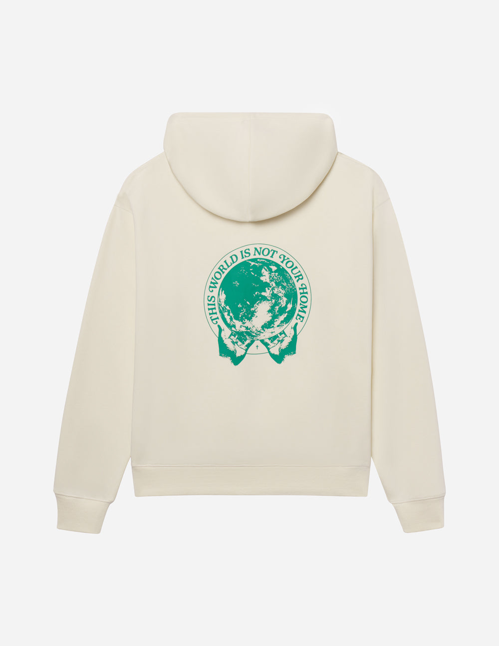 Cream unisex hoodie back view with large green graphic under hood