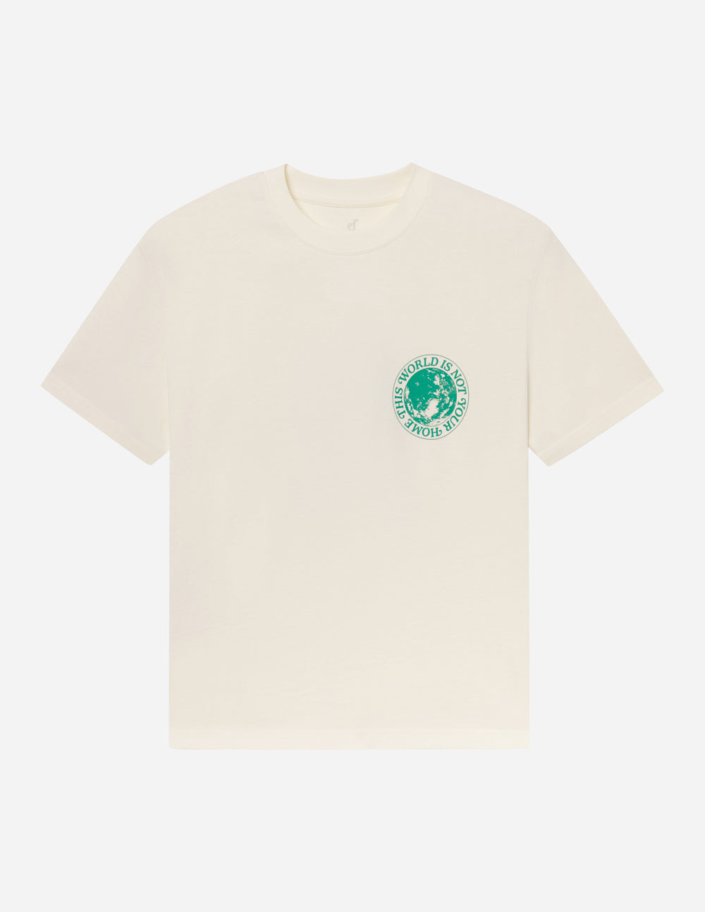 Unisex cream T-shirt, front view, with small green circular chest graphic