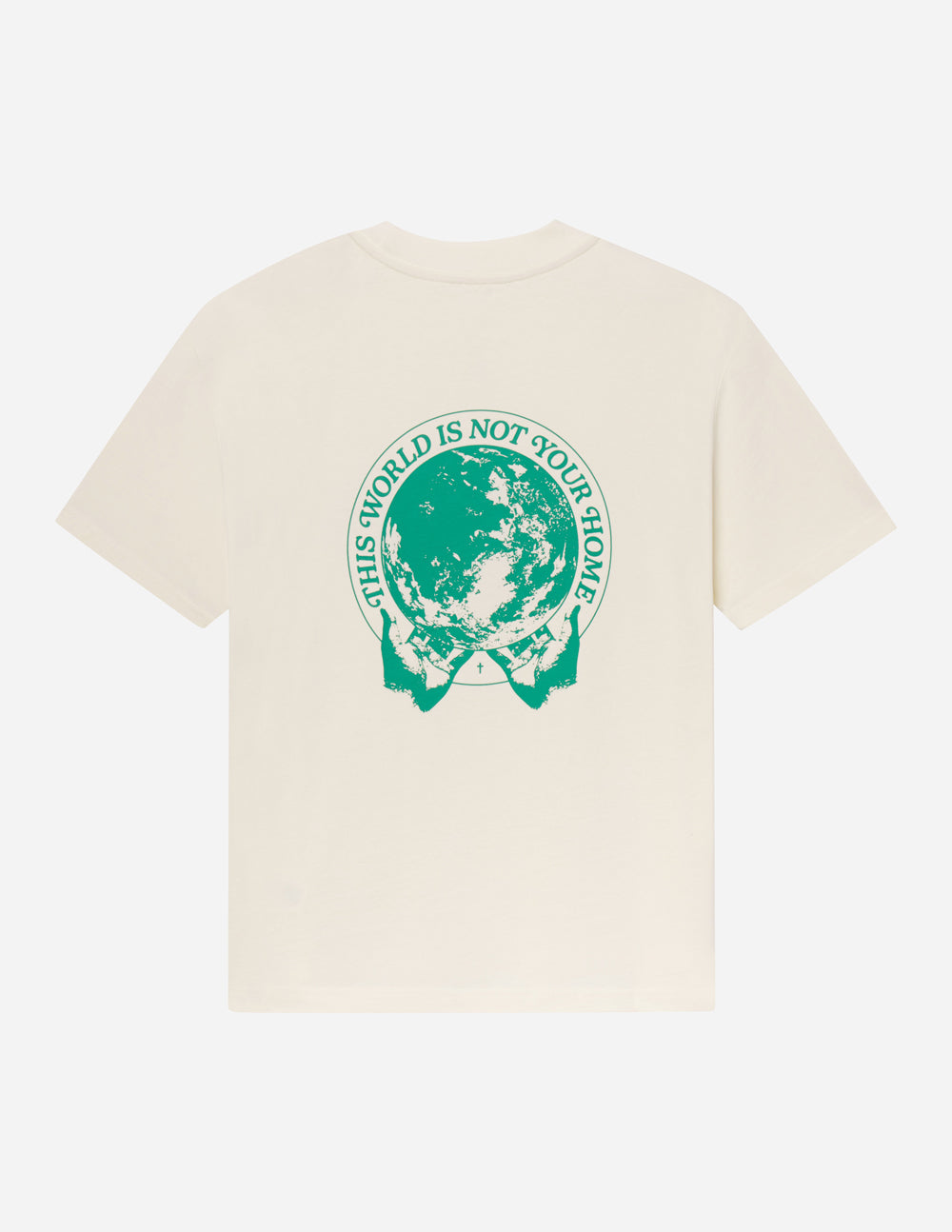 Unisex cream T-shirt, back view, with large green circular back graphic