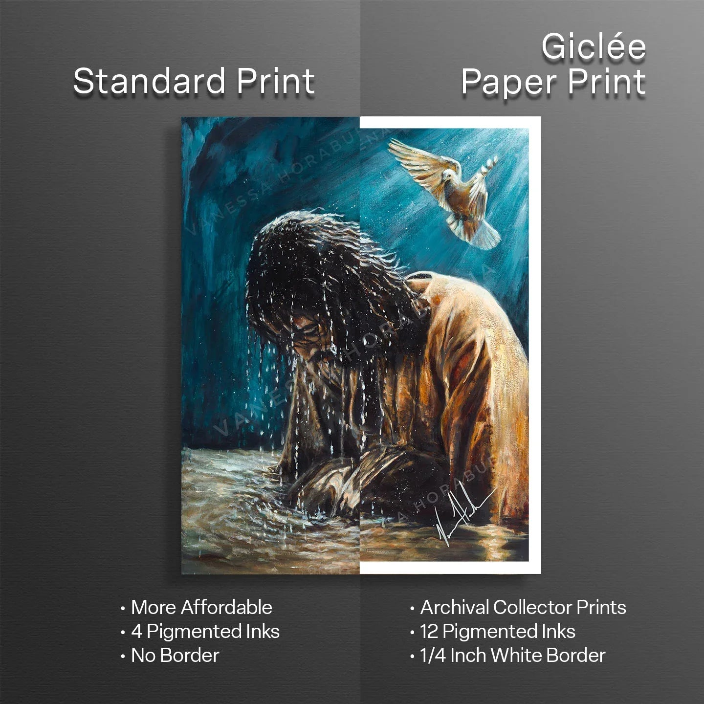 Animal art print with a dog in water and a bird flying above, white border