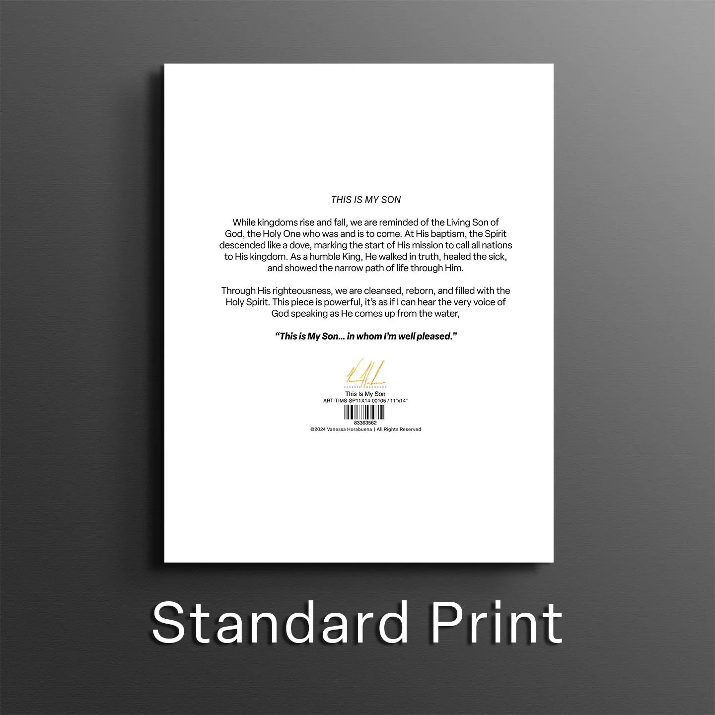 Back of art print with poem text block and barcode label