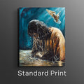 Framed animal art print of a dog standing in water as a bird flies above