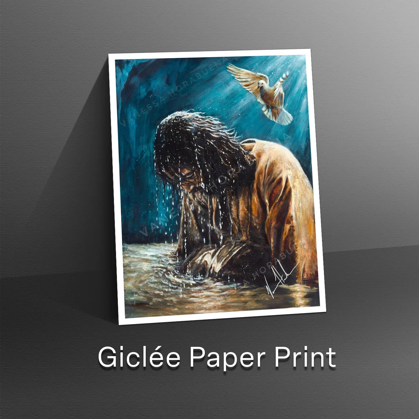 Framed animal art print on white border featuring a dog in water and bird overhead