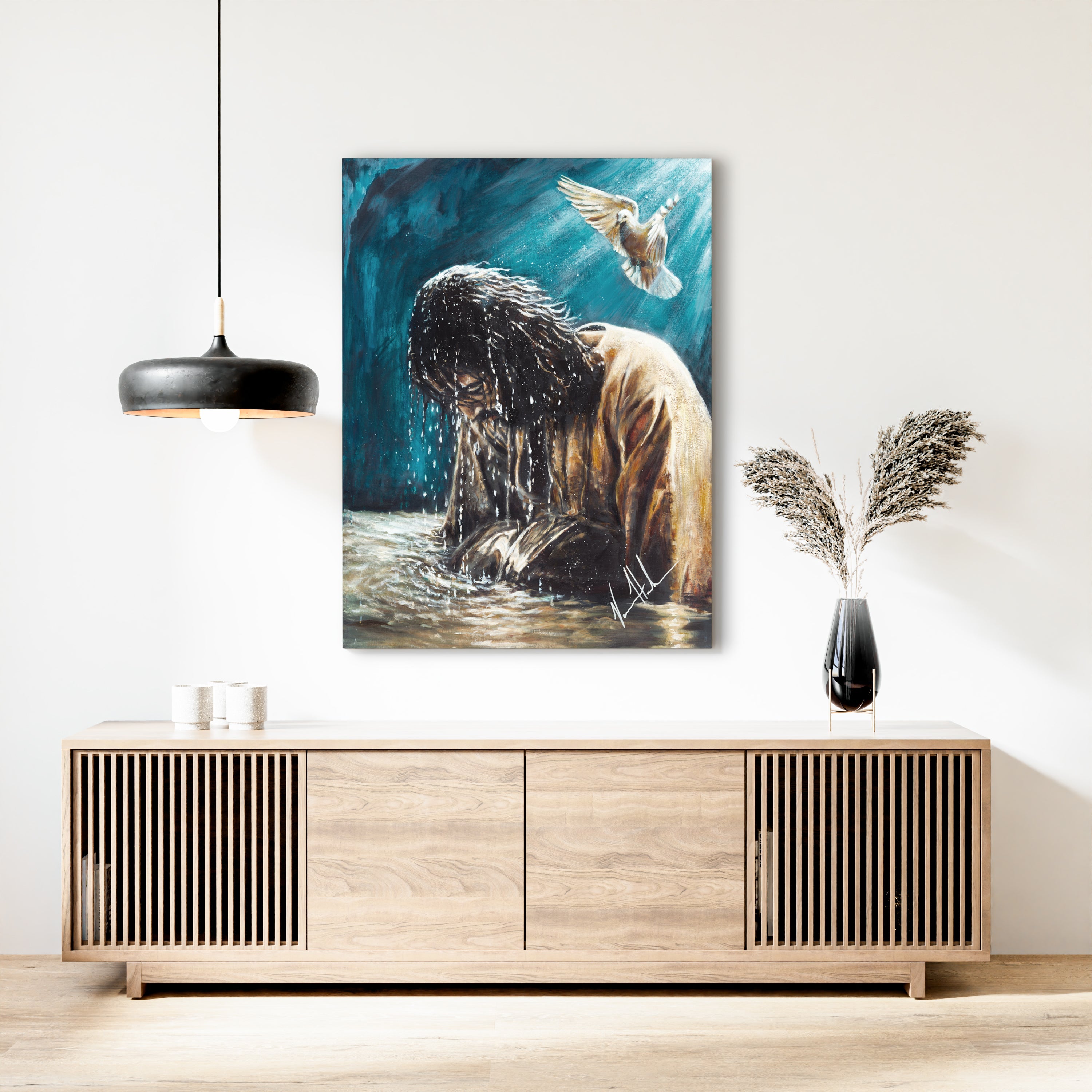 Wall-hung animal art print showing a dog in water with a bird flying above