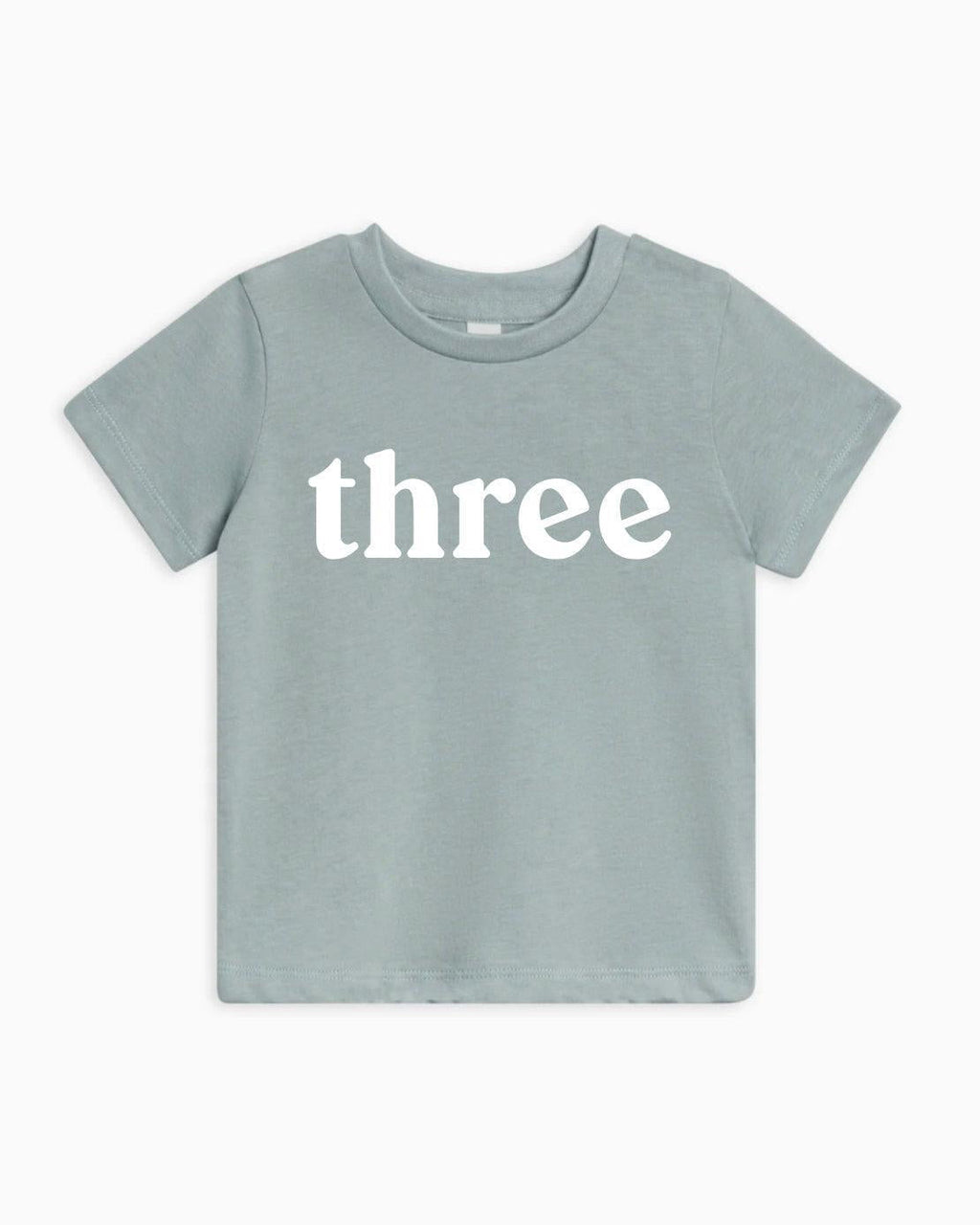 Kids organic cotton T-shirt in blue-gray with white 'three' text on front