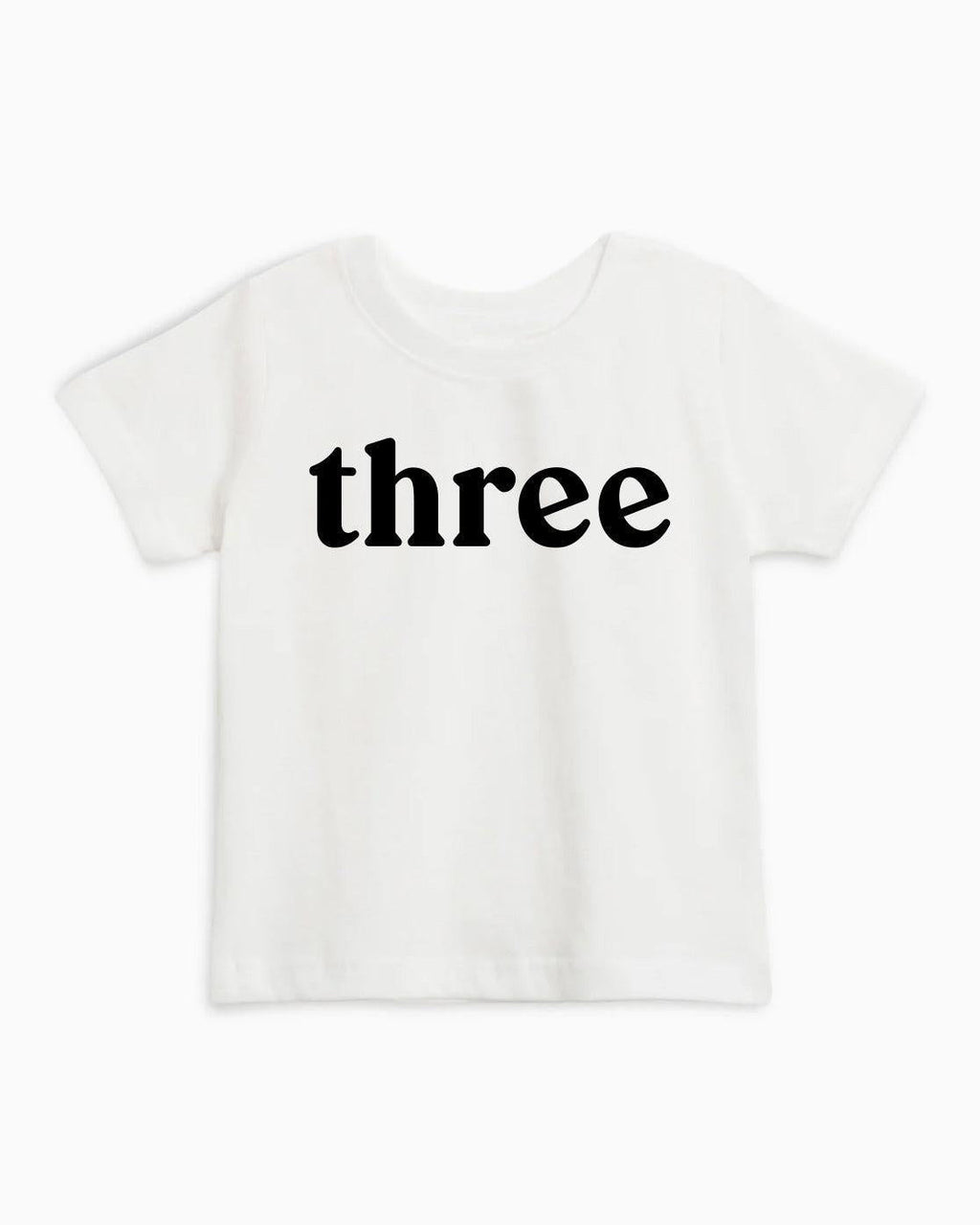 Kids organic cotton T-shirt in white with black 'three' text on front