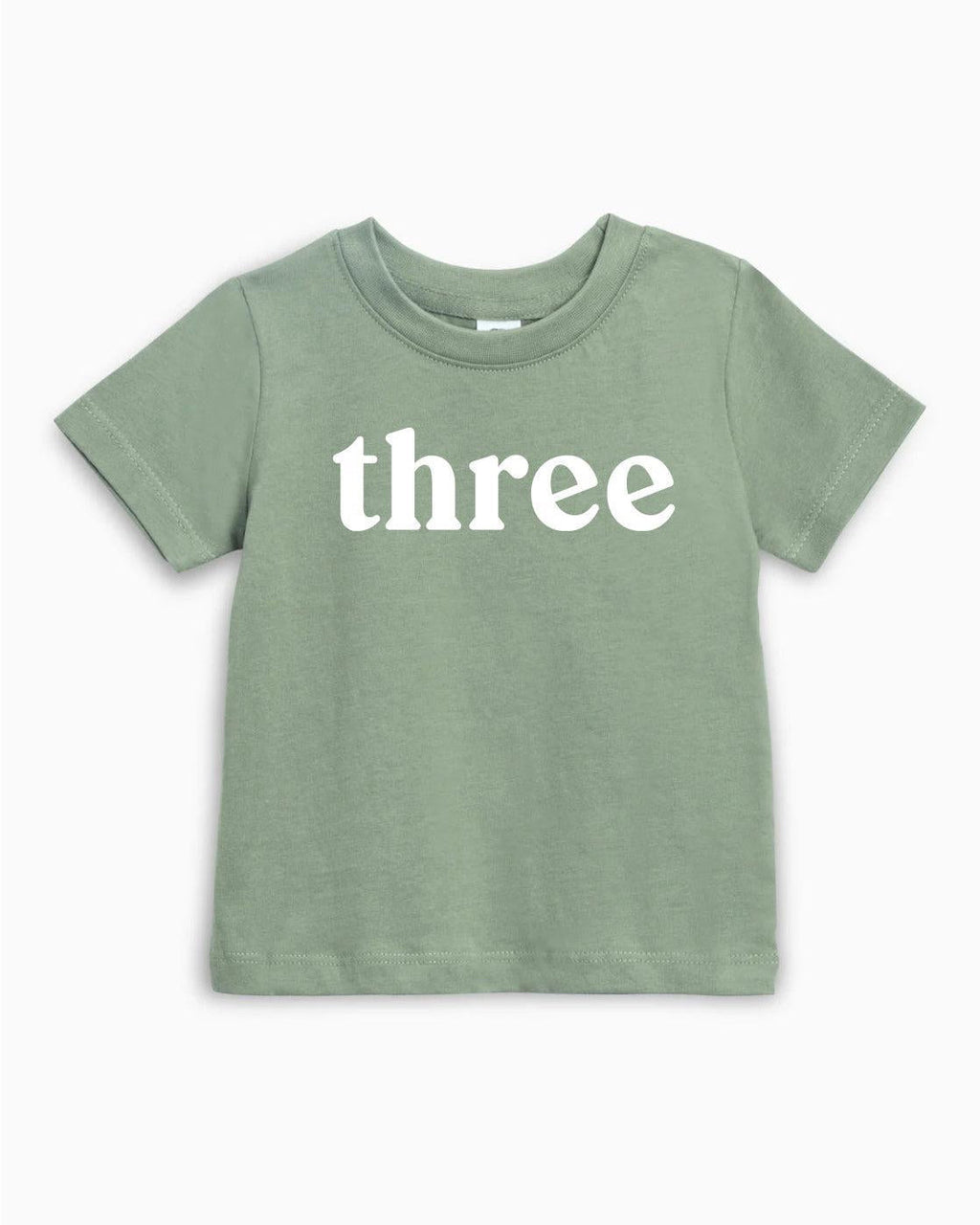 Kids organic cotton T-shirt in green with white 'three' text on front