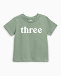 Kids organic cotton T-shirt in green with white 'three' text on front