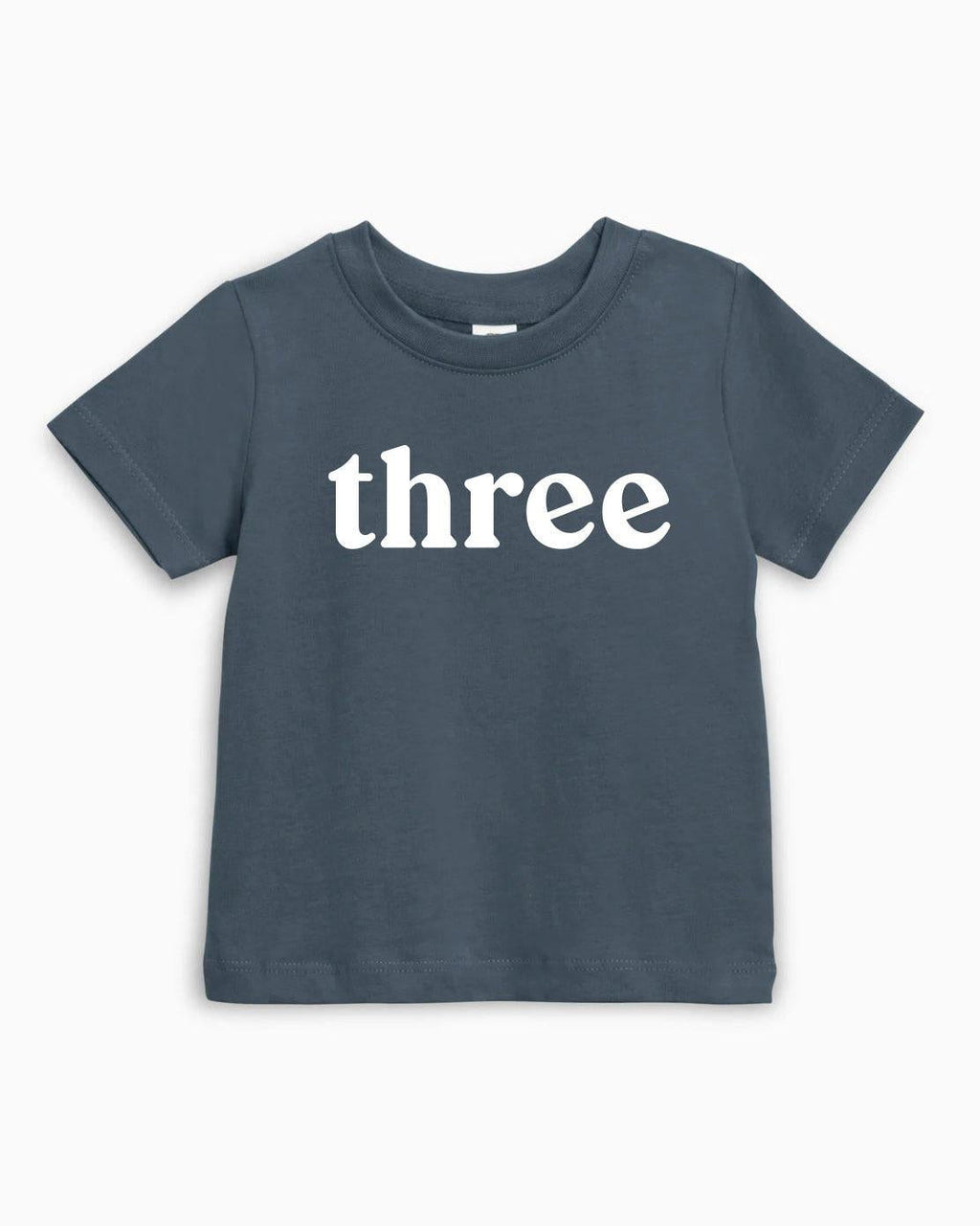 Kids organic cotton T-shirt in dark blue with white 'three' text on front