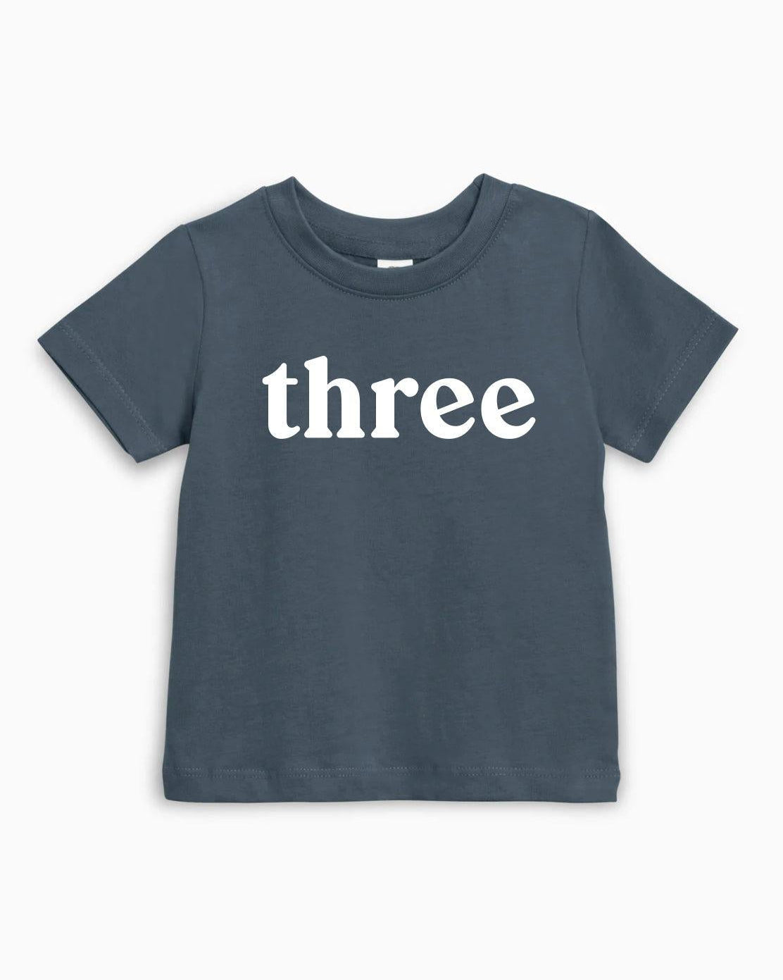 Kids organic cotton T-shirt in dark blue with white 'three' text on front