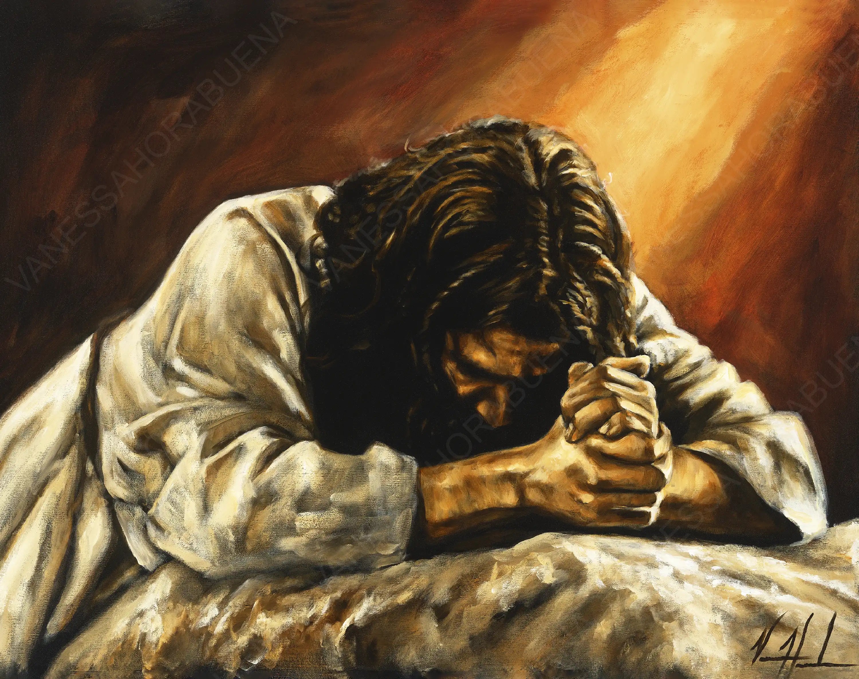 Close-up painting print of a praying man with clasped hands in warm tones