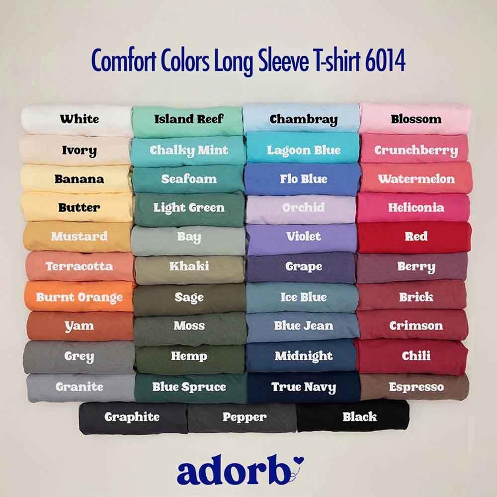 Long sleeve T-shirt color chart with multiple labeled color swatches from Comfort Colors