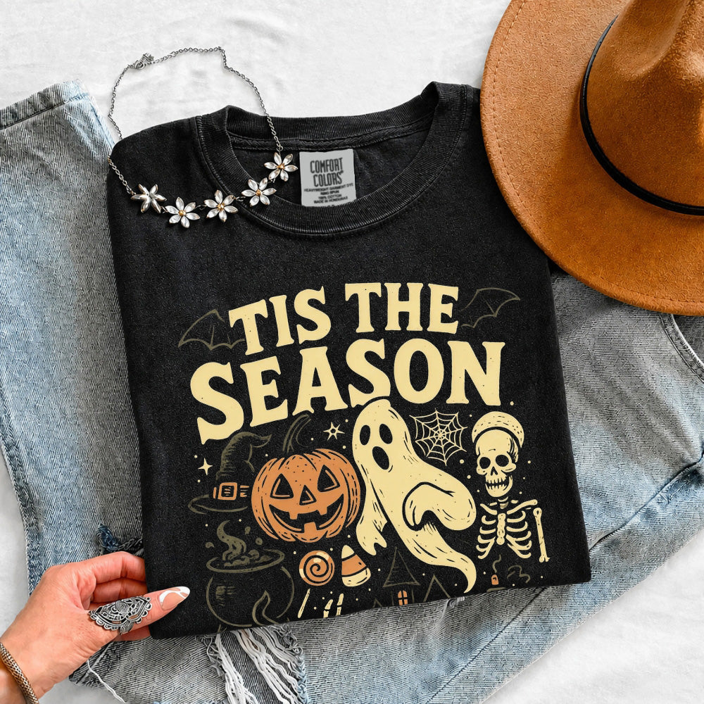 Black Halloween graphic T-shirt with ghost, pumpkin, skeleton print on front
