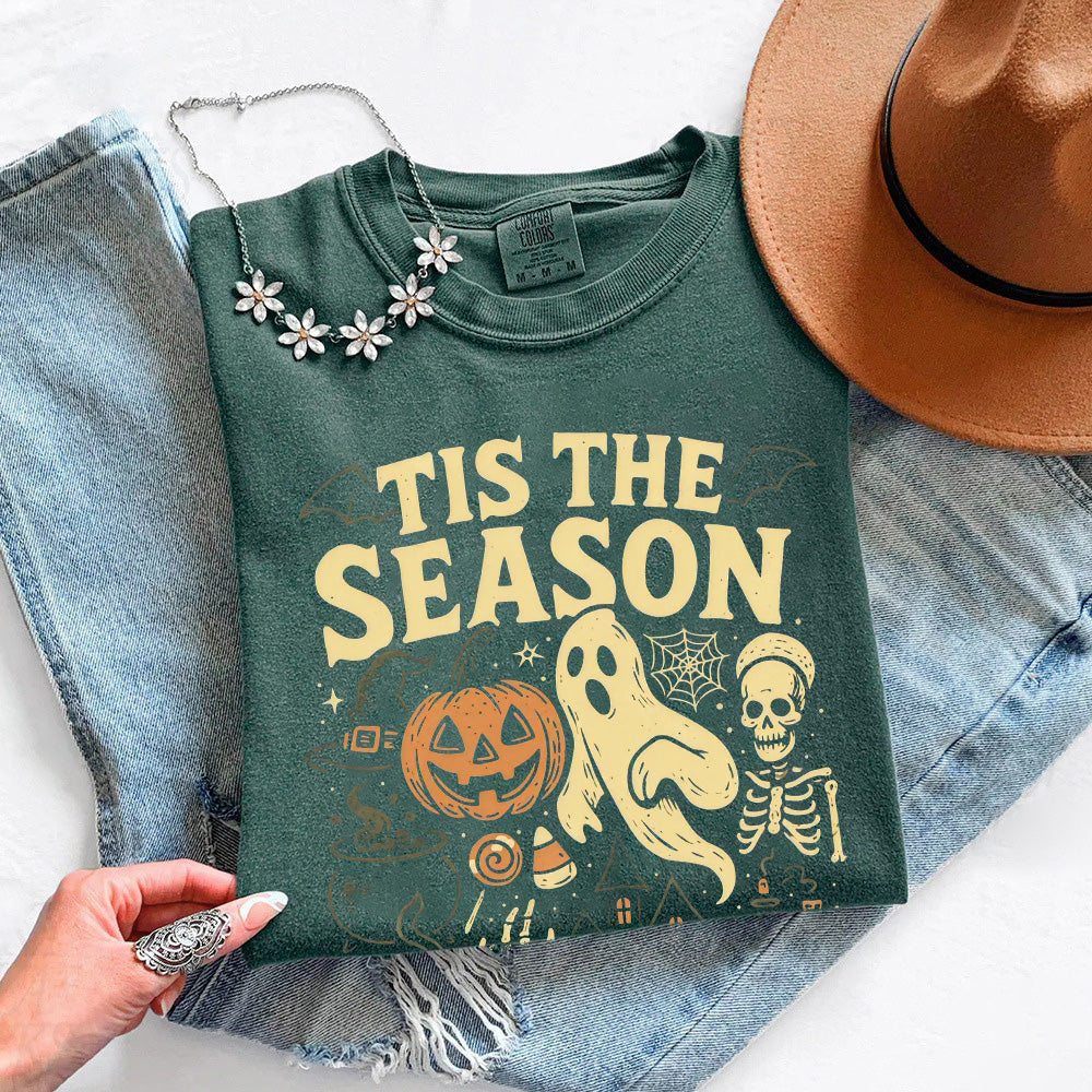 Dark green Halloween graphic T-shirt with ghost and pumpkin print on front