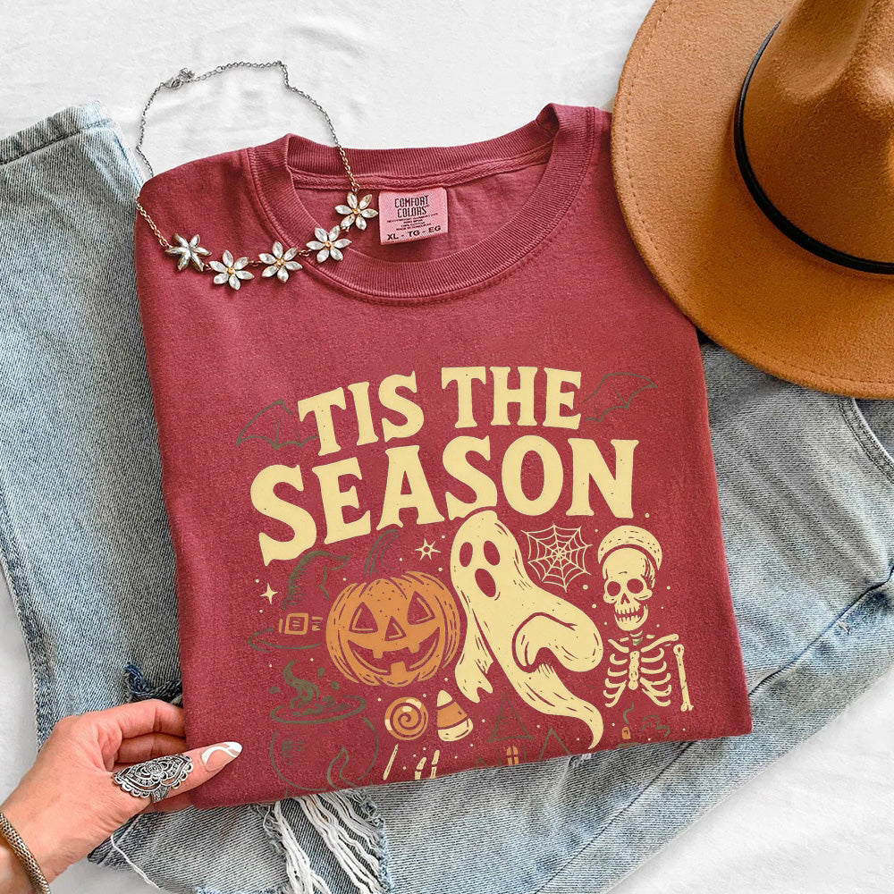 Burgundy Halloween graphic T-shirt with ghost and pumpkin print on front