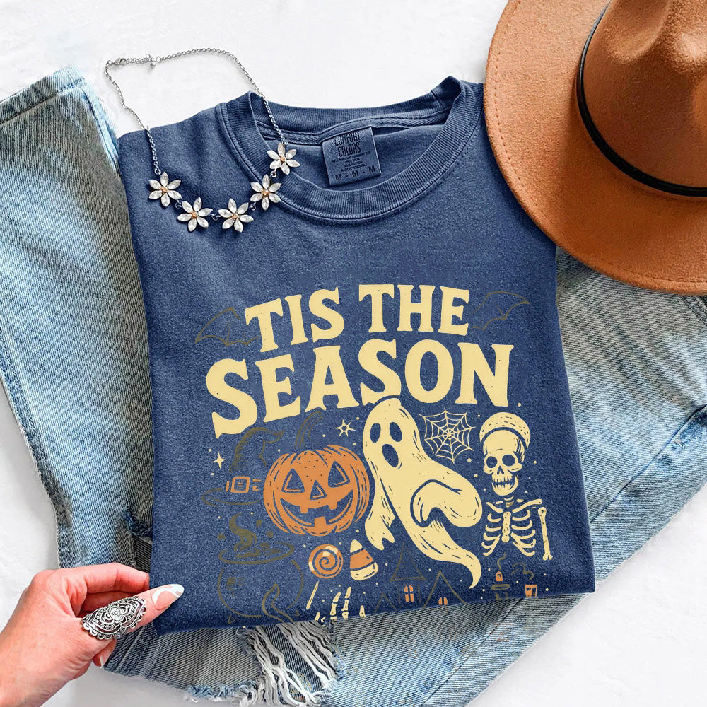 Denim blue Halloween graphic T-shirt with ghost and pumpkin print on front