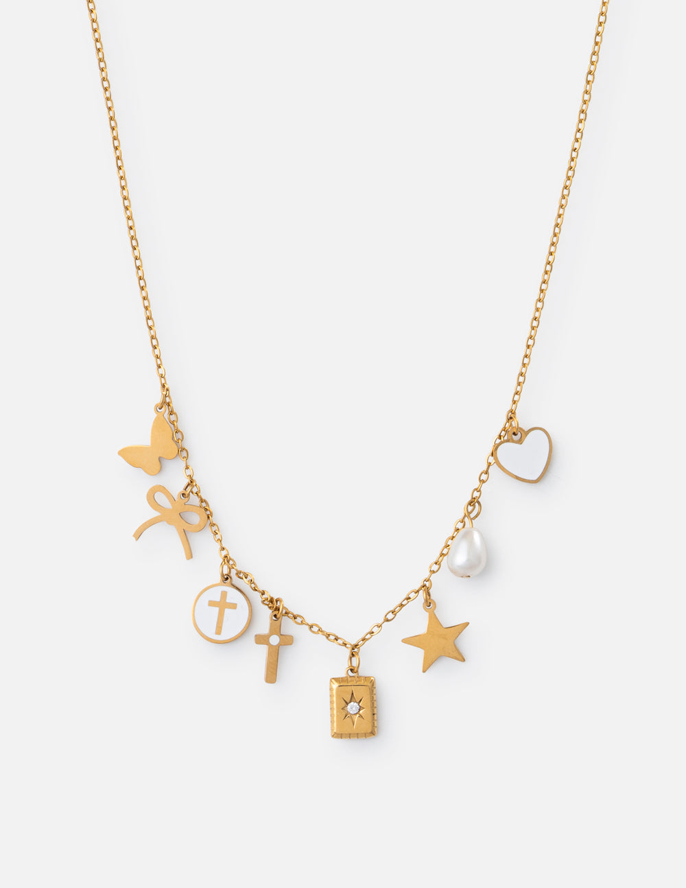 Gold-tone charm necklace with heart, star, cross, pearl drop and small lock charm