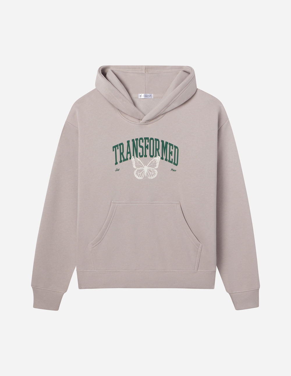 Light grey unisex hoodie with front logo graphic and kangaroo pocket, hood