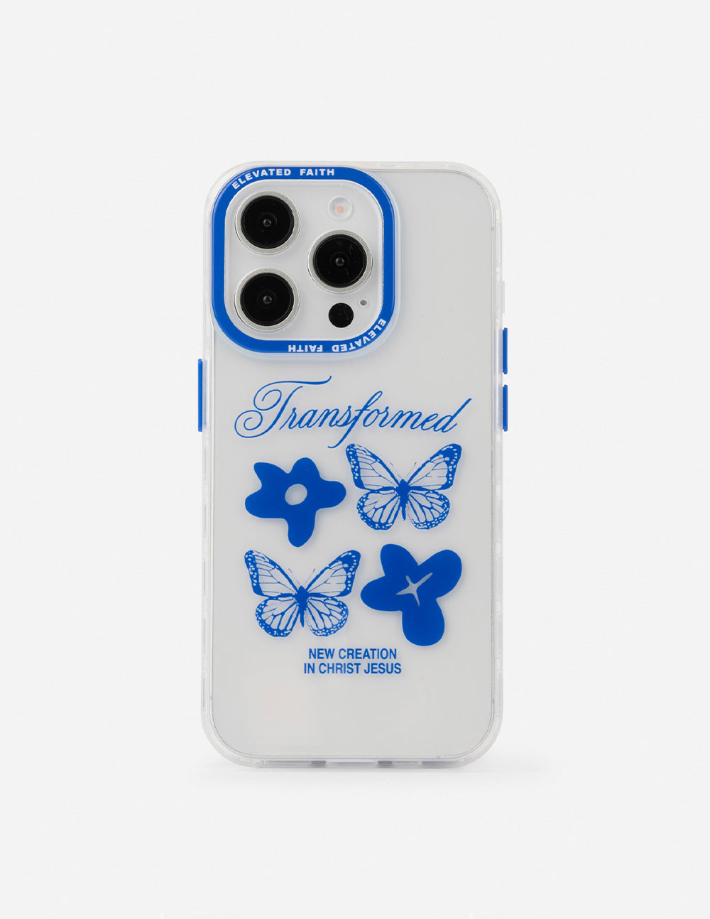 Clear phone case with blue butterflies and cross graphic, raised camera cutouts