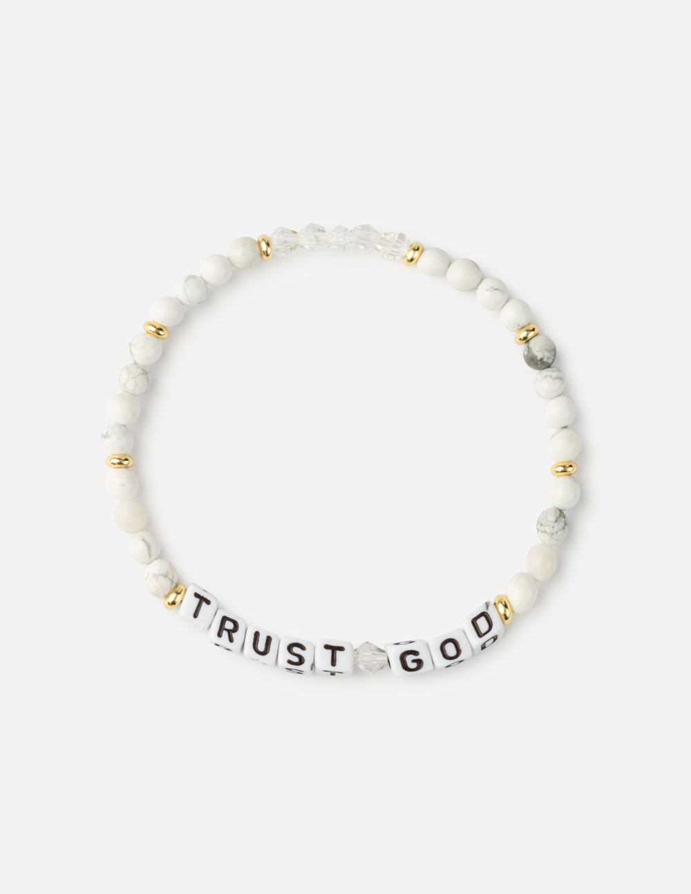 White beaded letter bracelet with gold accents and "TRUST GOD" charm beads