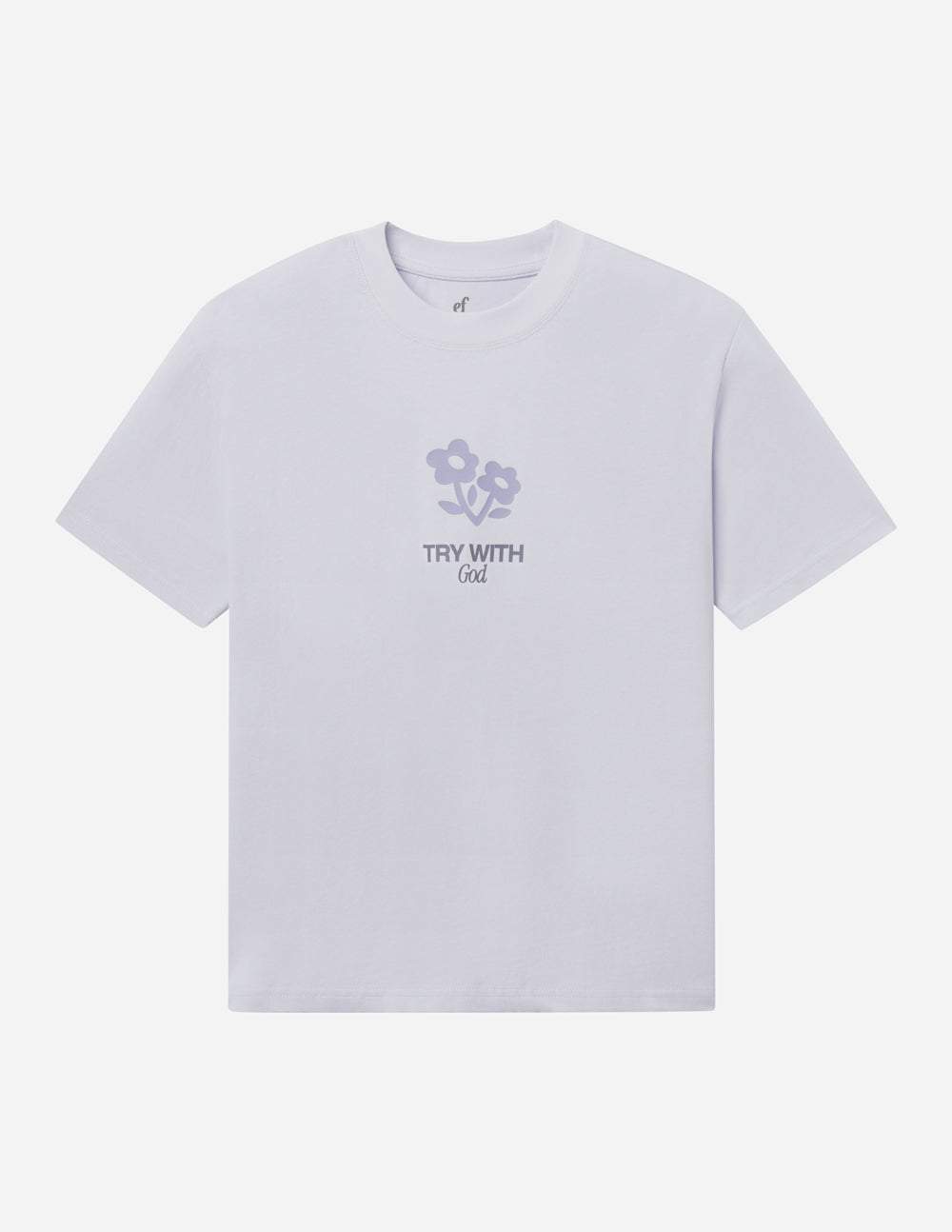 Light lavender unisex T-shirt with small chest flower icon and text print