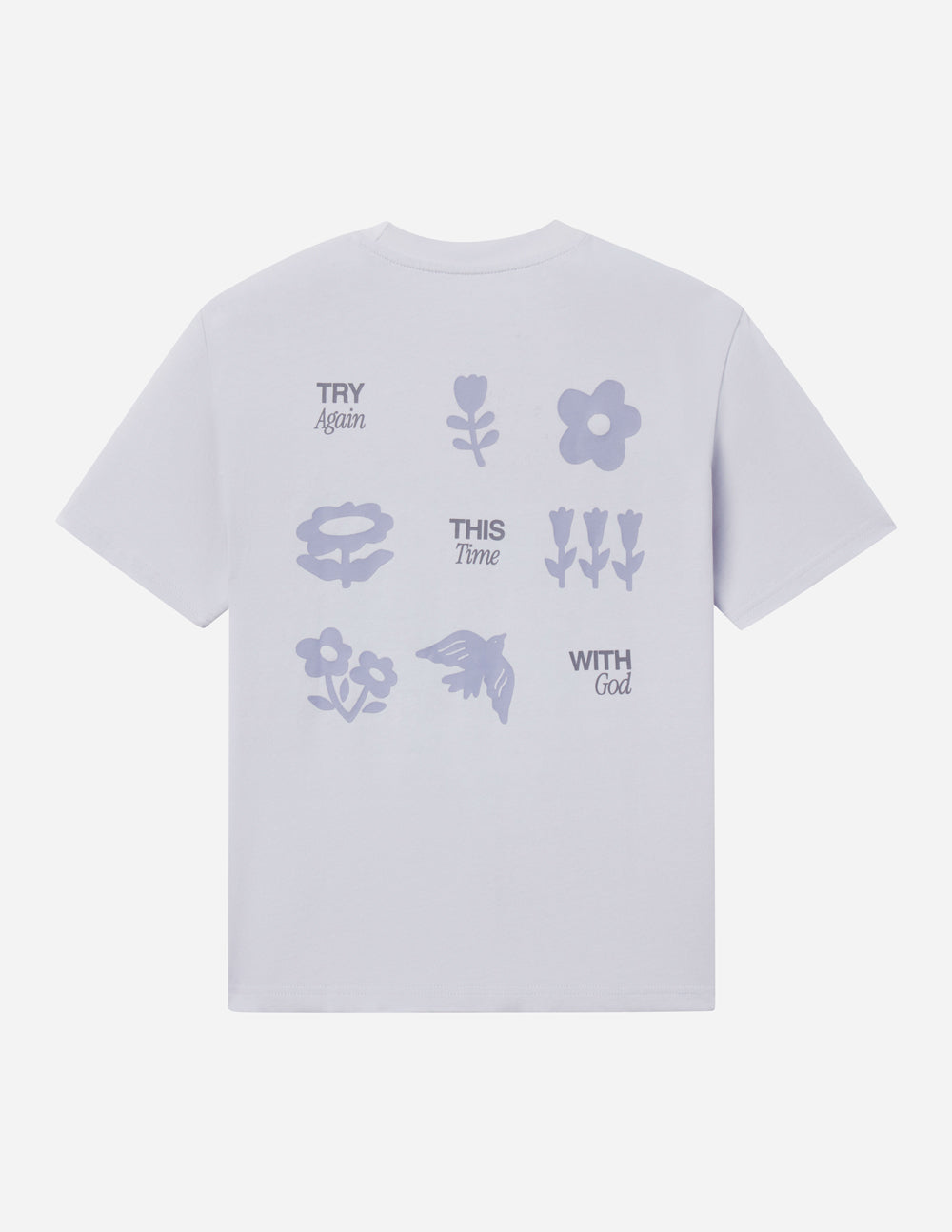 Light lavender unisex T-shirt back with blue flower and bird symbol collage